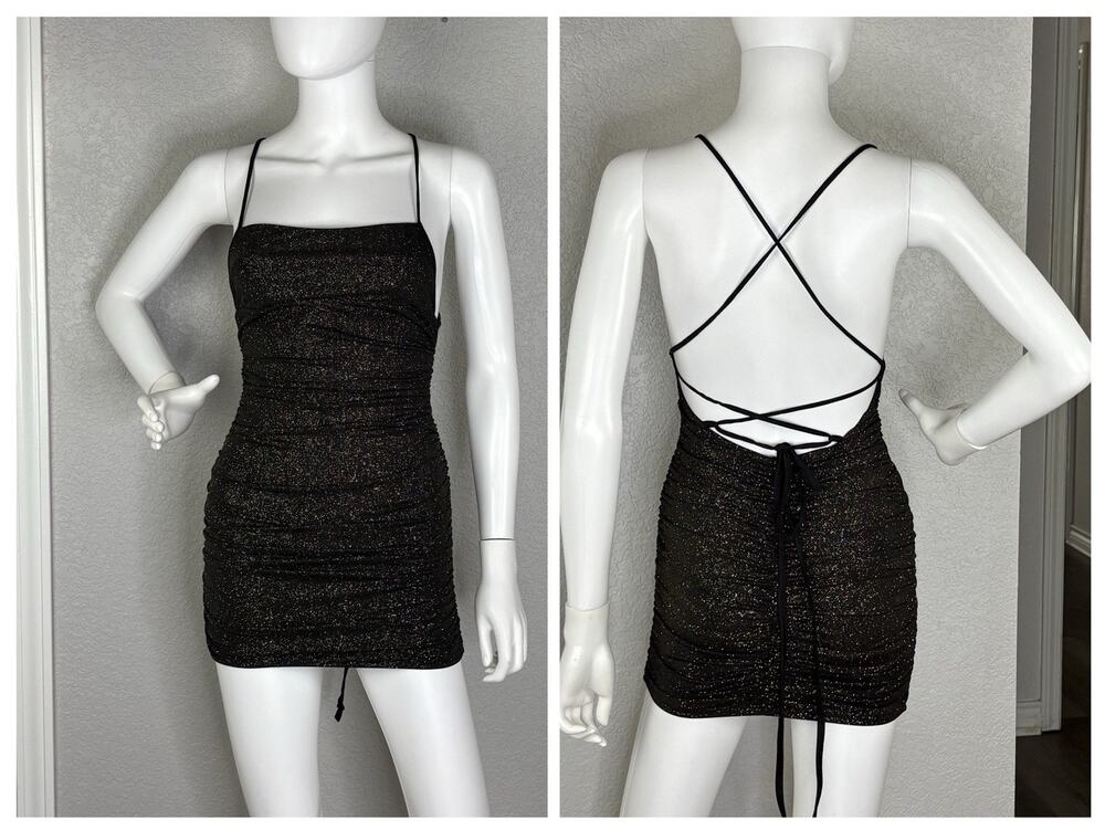 Lucy in the Sky Mini Dress Bodycon Ruched Lace Up Black Gold Shimmer Size XS